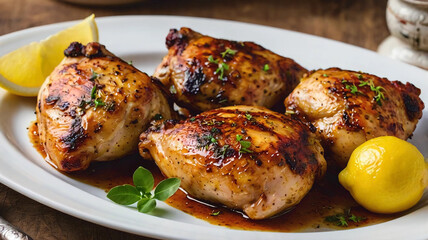 Grilled chicken thighs with spices and lemon on a plate