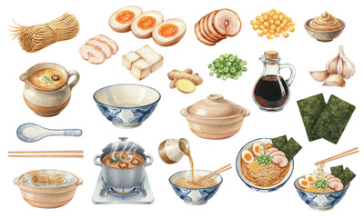 Watercolor Ramen Ingredients and Japanese Noodle Soup
