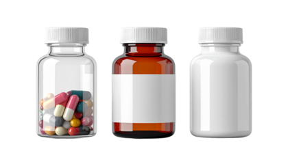 Pharmaceutical pill container bundle isolated on transparent background