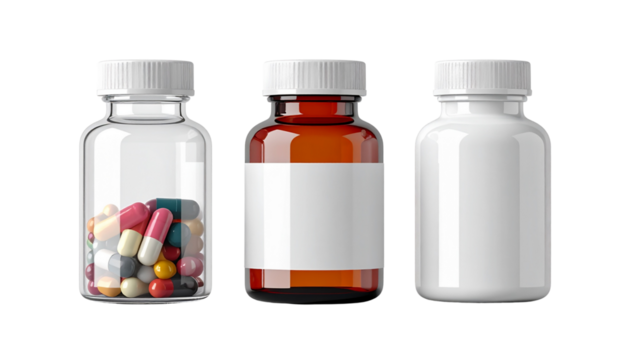 Pharmaceutical pill container bundle isolated on transparent background