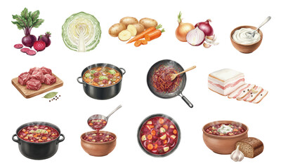 Watercolor Borscht Ingredients and Traditional Soup Illustration