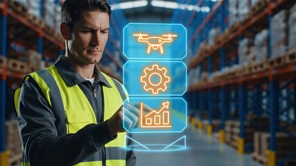 Futuristic Warehouse Manager Controls Drone Fleet and Analyzes Data on a Holographic Augmented Reality Interface. - Powered by Adobe
