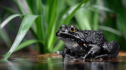 Obraz premium Close-Up of a Black Frog Among Green Leaves in a Wet Environment