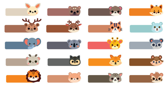 Naklejki Set of cute face animal name labels in modern, Cartoon characters, Vector illustrator