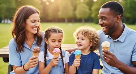A happy family of four enjoys ice cream cones together in a park on a sunny day smiling and connecting over a sweet treat