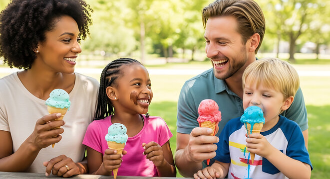 A cheerful family enjoying ice cream together in a sunlit park creating sweet memories and savoring the refreshing treat Happy times !