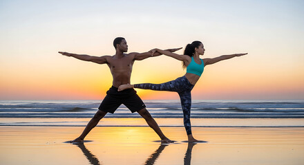 Fototapeta premium Couple practicing partner yoga on beach at sunset Yoga is good for the body mind and spirit Exercise is a healthy lifestyle