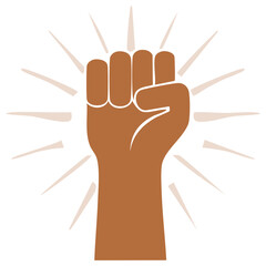 Raised fist illustration with sun rays symbolizing power and solidarity, protest concept