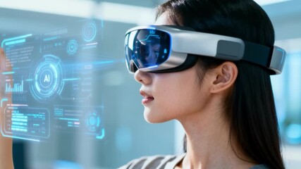 Young asian adult woman using augmented reality headset to interact with floating AI interface in bright modern office, futuristic technology and human computer interaction for innovation - Powered by Adobe