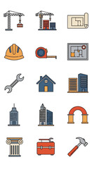 Construction Icons Set - Cranes, Blueprints, Hard Hat, Tools, Buildings, and Architectural Elements.