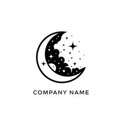 Crescent Moon with Clouds and Stars Logo Design for Nighttime or Celestial Themes.