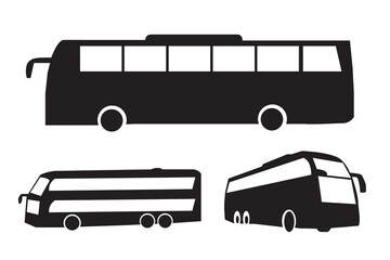 Collection of black silhouette long-distance buses. Set of modern and classic coach bus icons for transport, travel, or vehicle-themed design projects.