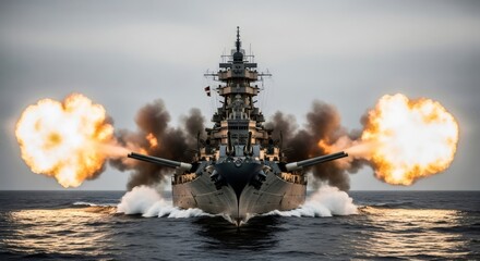 Fototapeta premium Battleship firing main guns on the open sea, generating huge muzzle flashes. Naval warfare and military power concept.
