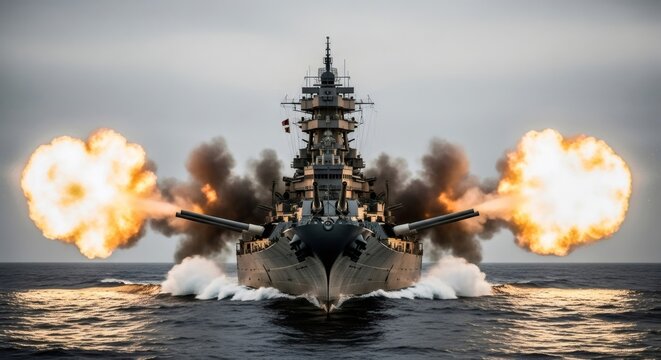 Battleship firing main guns on the open sea, generating huge muzzle flashes. Naval warfare and military power concept.
