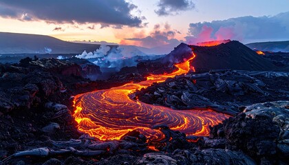 Obraz premium Lava Flowing from Volcano with Hot Molten Rock at Sunset Glow Golden Hour