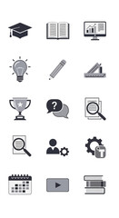 Education and Learning Icons - Graduation Cap, Book, Computer, Lightbulb, Pencil, Trophy, Calendar, Video, and More.