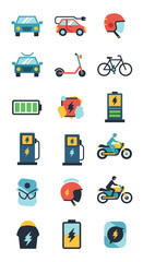 Electric Vehicles and Charging Infrastructure Icons Set.