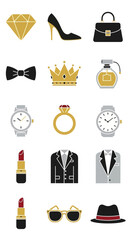 Elegant Fashion Accessories Collection - Diamond, Heels, Bag, Bowtie, Crown, Perfume, Watch, Ring, Lipstick, Blazer, Sunglasses, Hat.