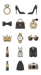 Elegant Fashion and Accessories Collection - Ring, Heels, Bowtie, Bag, Perfume, Crown, Watch, Sunglasses, Lipstick, Dress, Suit, Skirt, Camera.