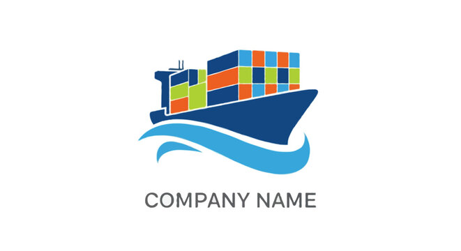 A flat vector abstract logistics logo with a cargo ship and container blocks