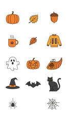 Fall and Halloween Icons - Pumpkins, Leaves, Sweater, Ghost, Bat, Cat, Spider.