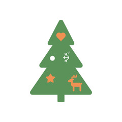 Festive Christmas Tree with Heart, Star, Snowflake, and Reindeer Ornaments.