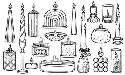 PrintHand drawn outline decorative candles collection. Modern romantic vector candles set