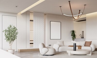 Modern Minimalist Living Room Interior with Elegant Sofa and Blank Frame Mockup