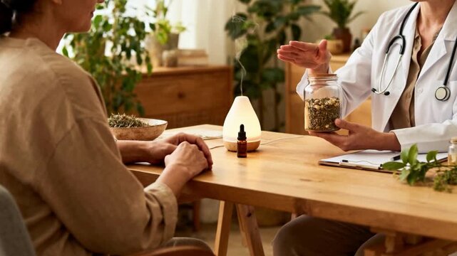 Herbalist consulting with patient in a cozy clinic, doctor explaining medicinal dried herbs and natural remedies on wooden table with diffuser for holistic wellness and alternative healthcare