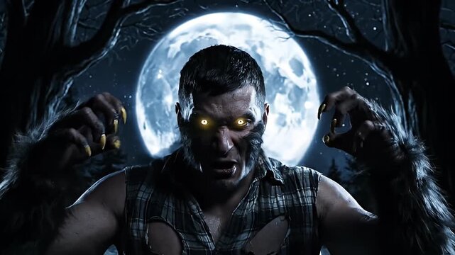 A man transforms into a werewolf with glowing eyes, claws, and fur under a full moon.