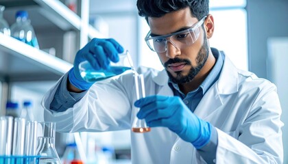 Focused Researcher in Lab Coat Pouring Blue Liquid into Test Tube with Red Solution Under Sterile Lighting