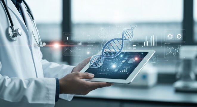 Doctor holds tablet with DNA helix amidst health data graphics
