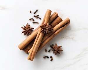 Cinnamon Sticks With Star Anise And Cloves On White Marble