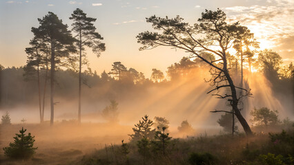 Mist rising from forest floor at dawn, golden sunlight filtering through trees creating mystical serene atmosphere