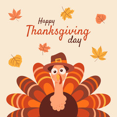Happy Thanksgiving day greeting card template. Turkey and cute typography. Vector autumn holiday illustration for cover flyer poster banner