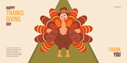 Thanksgiving day banner template with copy space. Cute turkey and typography for holiday poster cover background web in flat style. Vector illustration
