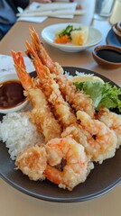 Golden fried shrimp tempura with white rice and soy-based dipping sauce.