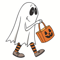 A cartoon illustration of a friendly-looking ghost dressed in a classic white sheet costume. The ghost is walking, and you can see its orange and black striped socks and brown shoes peeking out.