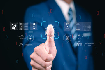 Cybersecurity and authentication concept for digital identity protection, showing a businessman using biometric fingerprint scan for secure login with multi-factor authentication system.