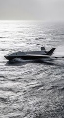 Unmanned surface vessel (USV) navigating rough ocean water. Autonomous stealth boat concept for modern naval warfare and marine operations.