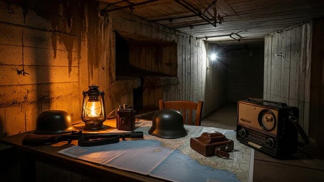 Historic WWII bunker command center with vintage lantern, old radio, military helmets, and maps, illuminated by warm light, evoking tension, secrecy, and wartime strategy.