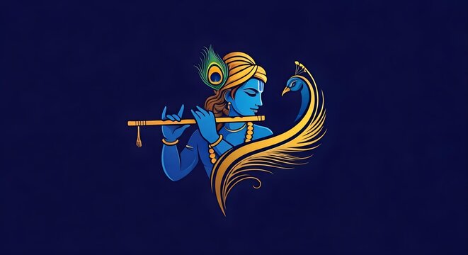 A vibrant illustration of Lord Krishna playing his flute, accompanied by a majestic peacock.