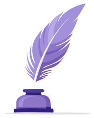 Vintage purple quill pen and inkwell vector illustration for writing