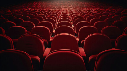Obraz premium A symmetrical view of multiple rows of neatly arranged red cinema seats in an empty movie theater, creating a classic and immersive atmosphere. Perfect for entertainment, film industryht