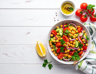 ensalada mediterránea con tomates cherry, aceitunas negras, pepino, cebolla roja y queso feta, ingredientes frescos para estilo de vida saludable y promoción de cocina mediterránea, en fondo blanco