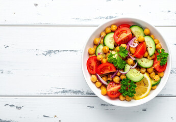 ensalada mediterránea con tomates cherry, aceitunas negras, pepino, cebolla roja y queso feta, ingredientes frescos para estilo de vida saludable y promoción de cocina mediterránea, en fondo blanco