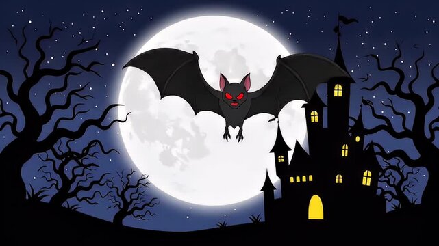 A spooky black bat with glowing red eyes flying in front of a large full moon, silhouetted against a dark night sky with a haunted castle and bare trees.