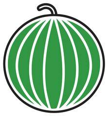 Cartoon illustration of a watermelon with green and white stripes and black outline