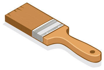 Isometric vector illustration of a new paint brush with a wooden handle and brown bristles.