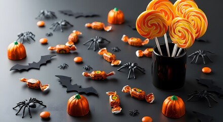 Halloween Candy and Spooky Decorations on Dark Background.
